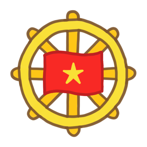  a dharma wheel with the flag of Vietnamese in the center.